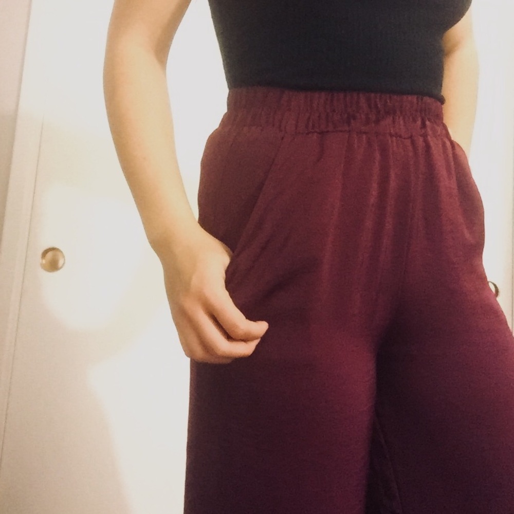 Red Wine Chiffon Flat Front Palazzo Pants